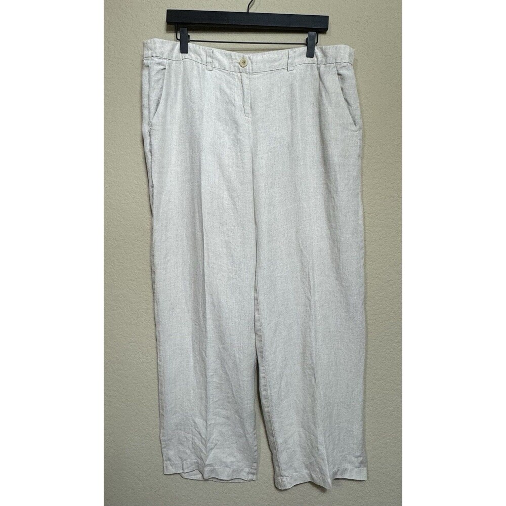 Eileen Fisher 100% Organic Linen Cream Wide Leg Trouser Pants Size L Lagenlook